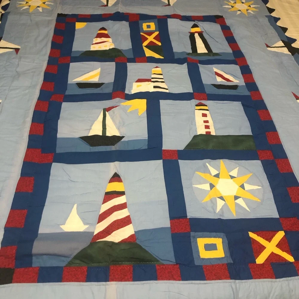 Day By Day Handcrafting 100% Natural Fabrics Nautical Themed Quilt Twin 68”x 86”